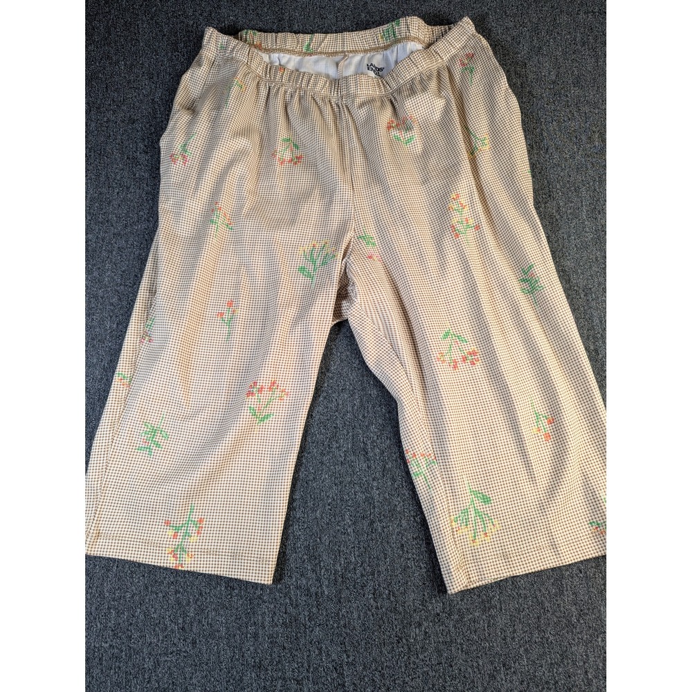 Lands End Womens 1X 16W-18W Gingham Floral Crop Pants Elastic Waist Brown White